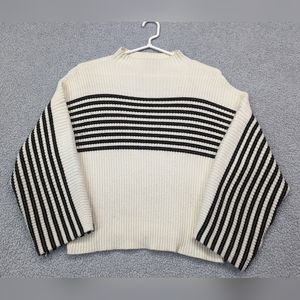 Urban Outfitter Sweater Womens Medium Bishop Sleeve Boxy Fit Striped Cream Black
